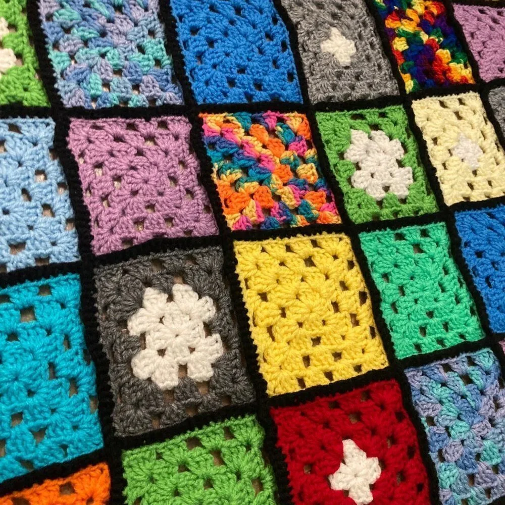 Granny Square Crocheted Blanket Bright Black trim 68 x‎ 108